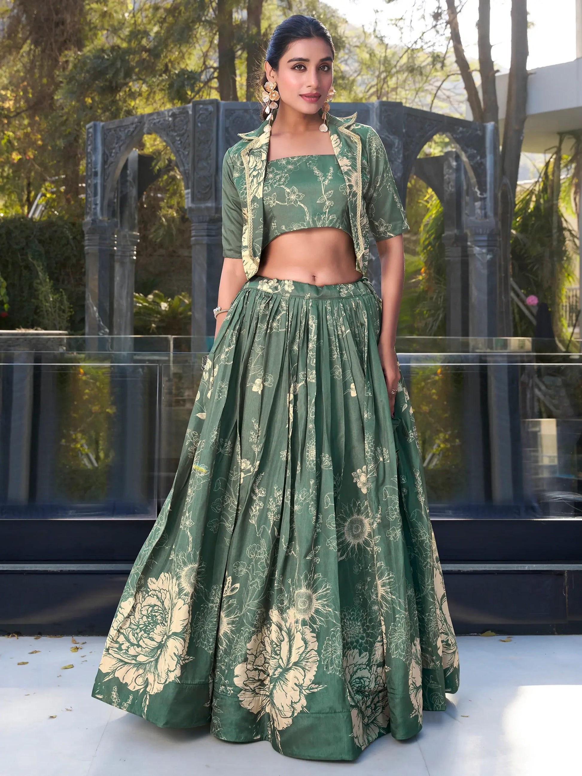 Dazzling Bottle Green Floral Printed Silk Crop Top Lehenga With Jacket - Zeel Clothing