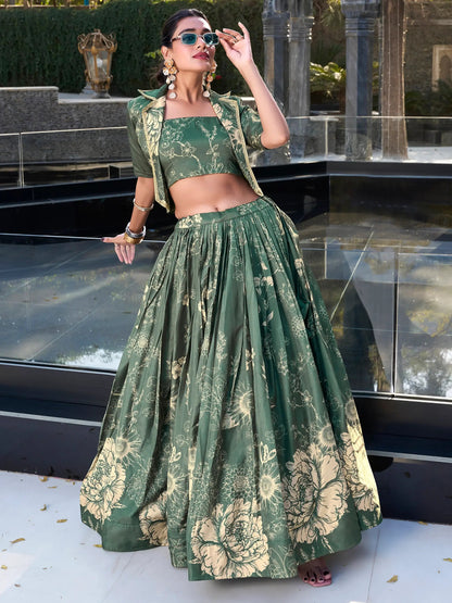 Dazzling Bottle Green Floral Printed Silk Crop Top Lehenga With Jacket - Zeel Clothing