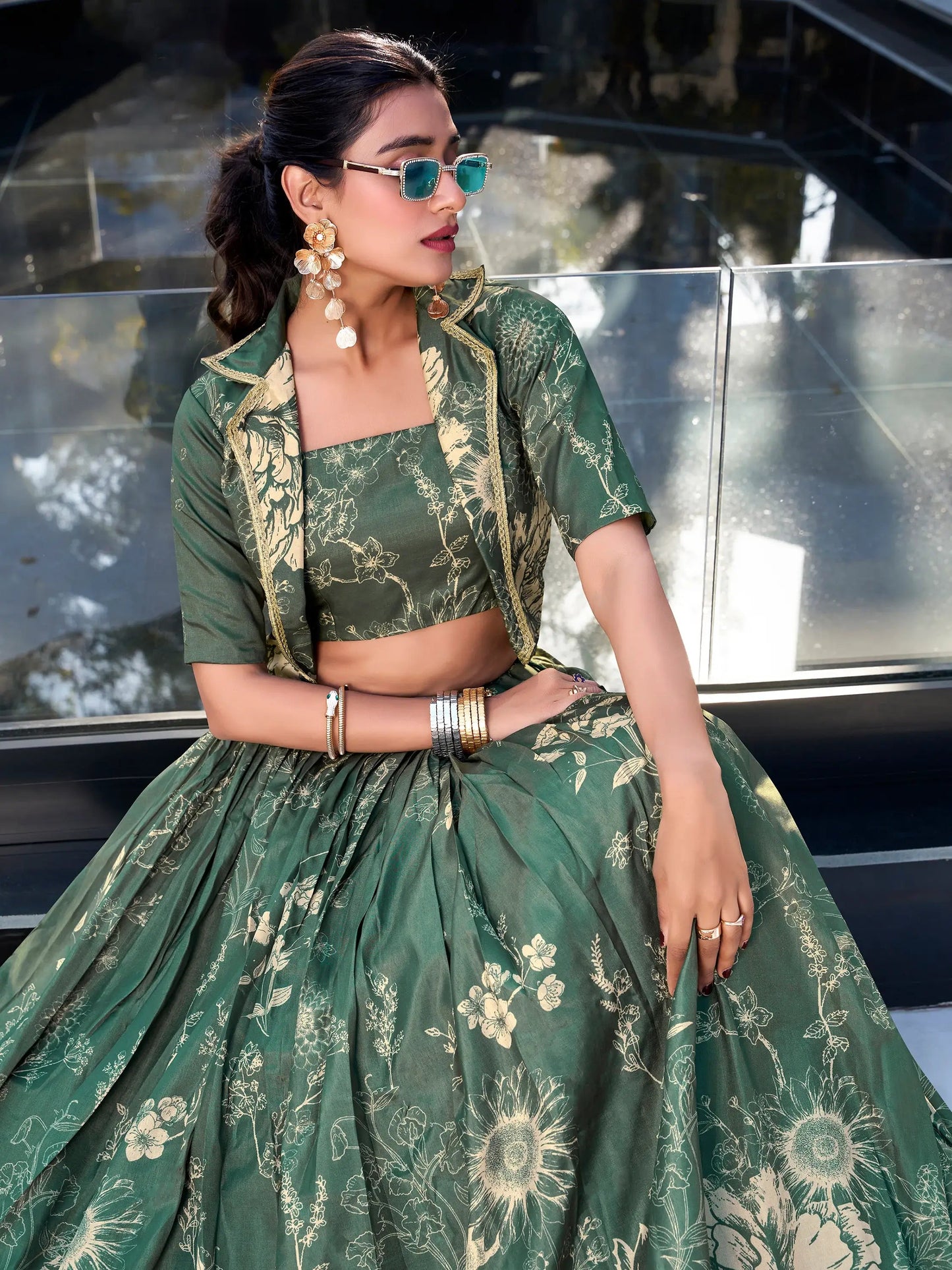 Dazzling Bottle Green Floral Printed Silk Crop Top Lehenga With Jacket - Zeel Clothing