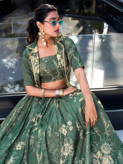 Dazzling Bottle Green Floral Printed Silk Crop Top Lehenga With Jacket - Zeel Clothing