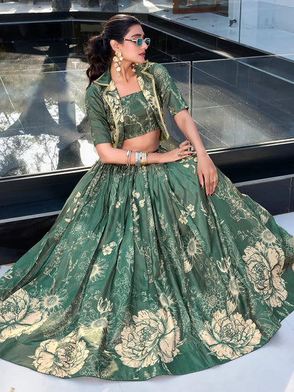 Dazzling Bottle Green Floral Printed Silk Crop Top Lehenga With Jacket - Zeel Clothing