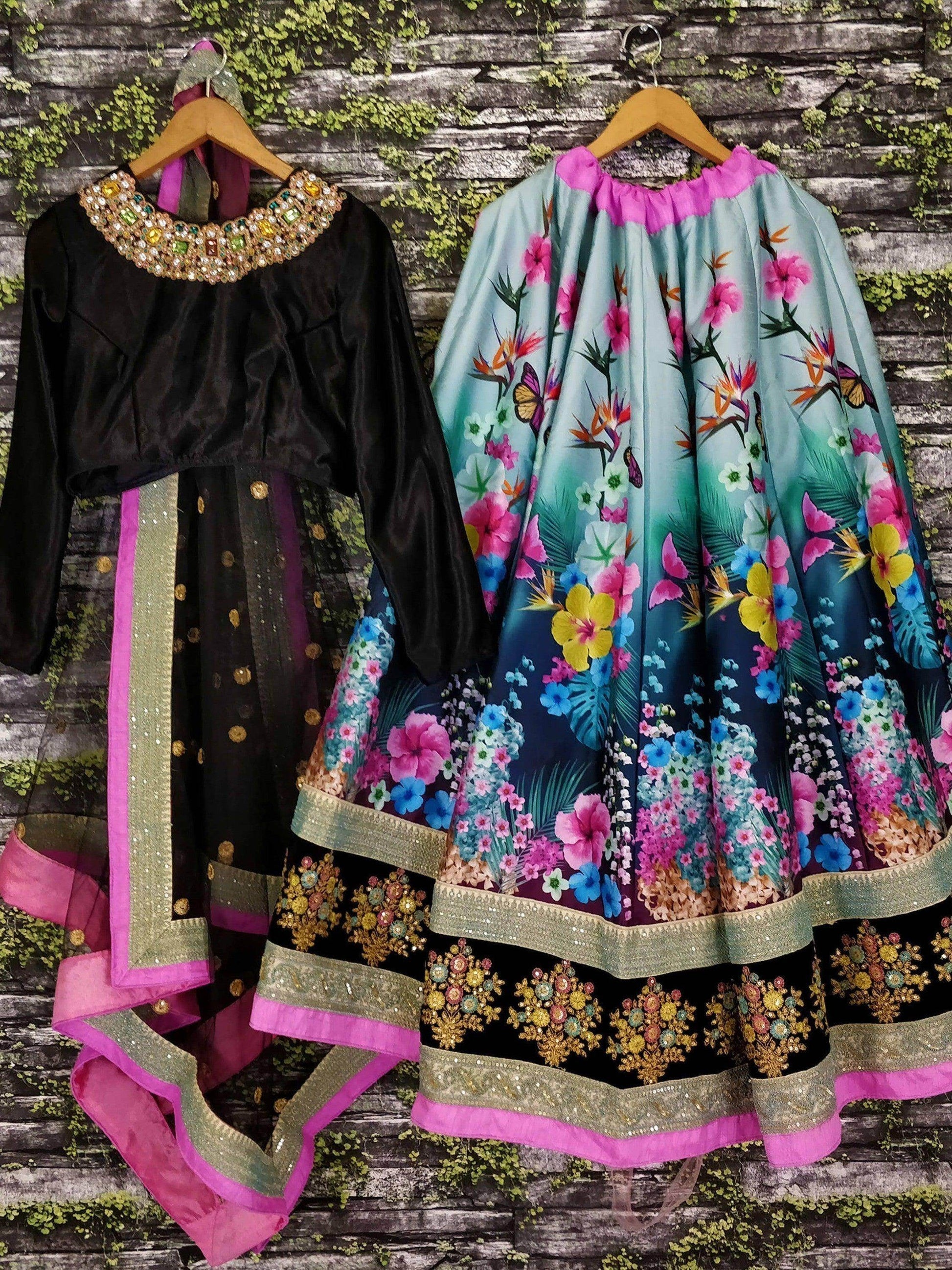 Dazzling Floral Printed Multi-Color Lehenga Skirt with Velvet Blouse - Zeel Clothing