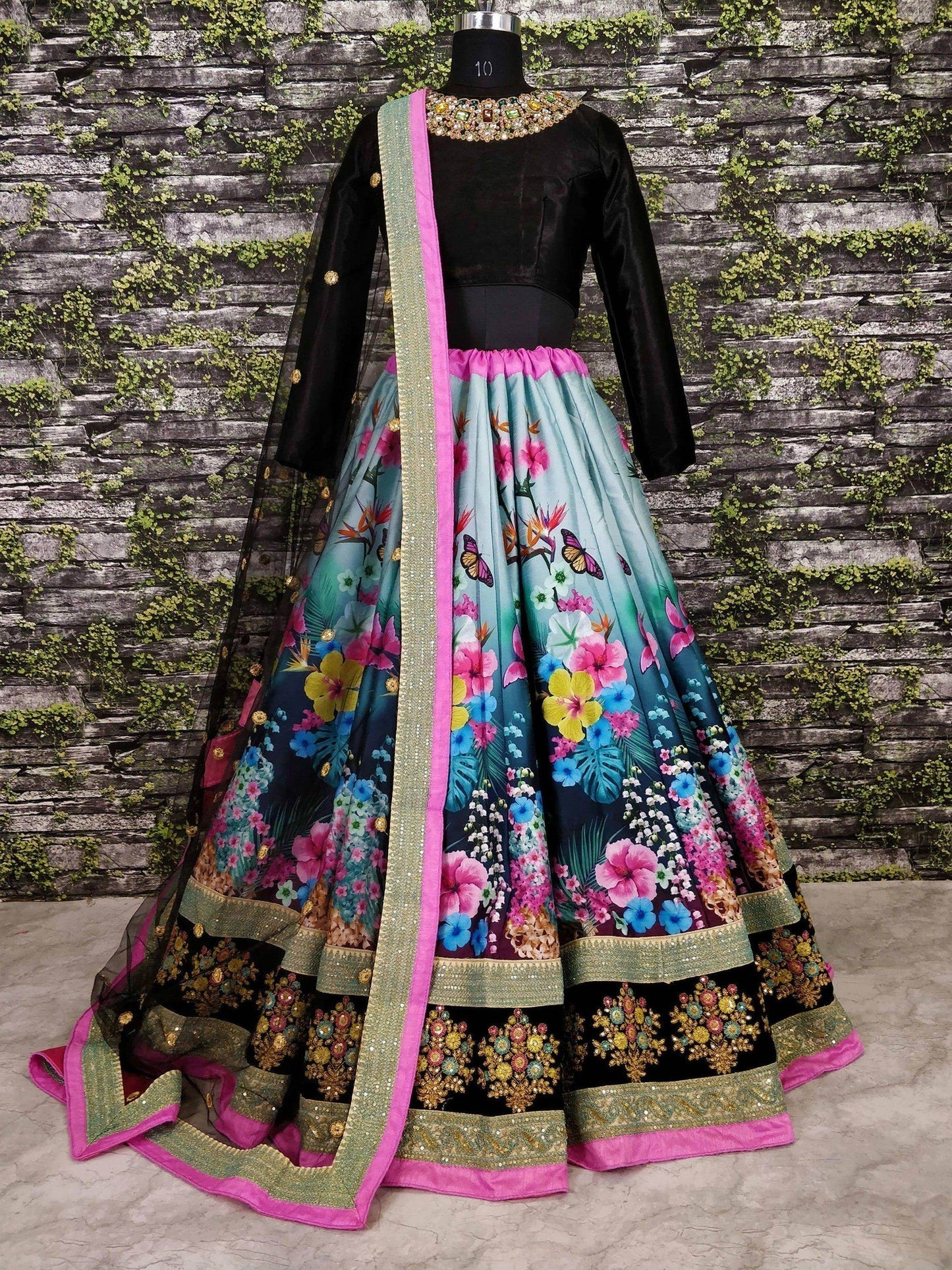 Dazzling Floral Printed Multi-Color Lehenga Skirt with Velvet Blouse - Zeel Clothing