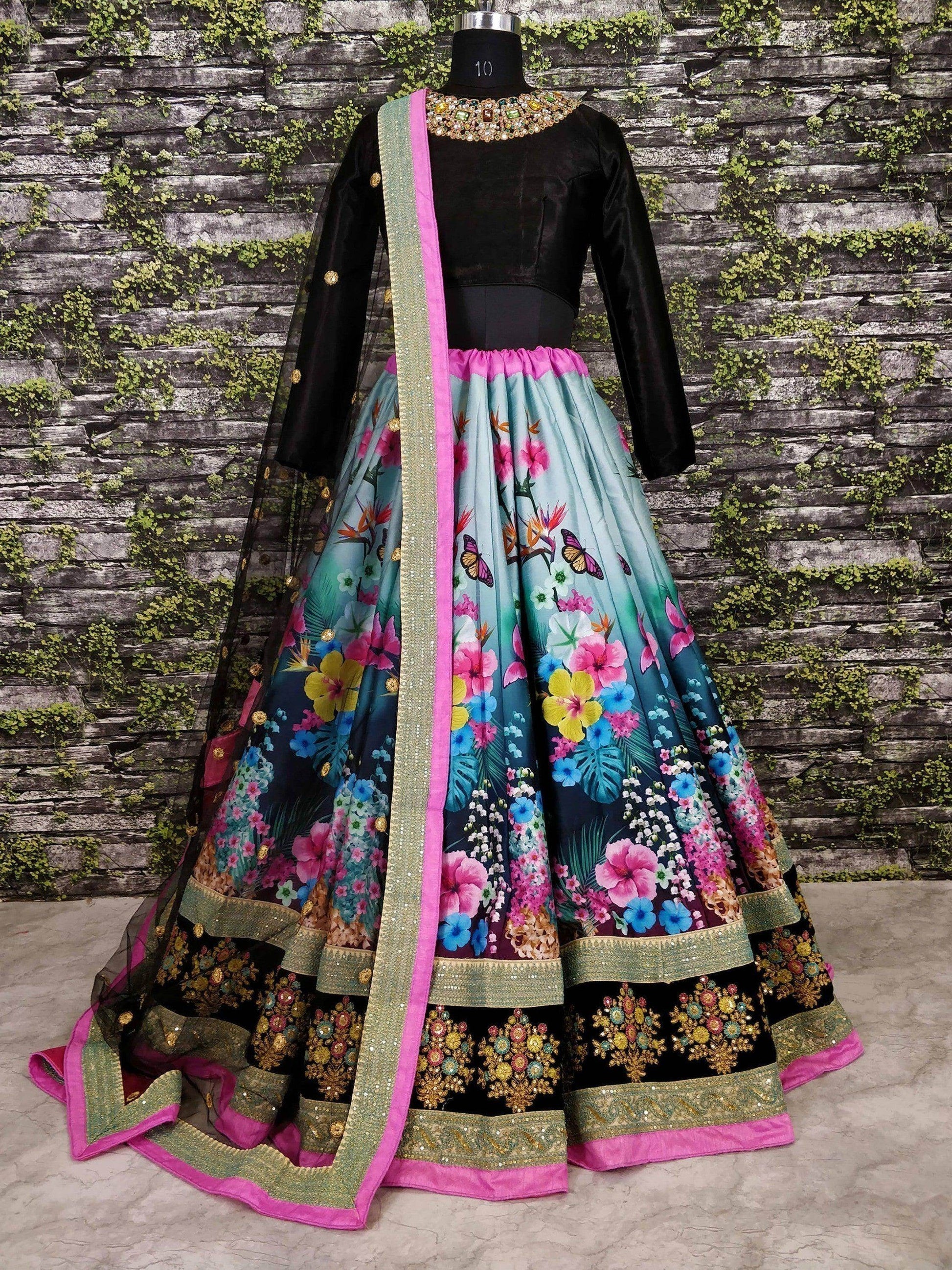 Dazzling Floral Printed Multi-Color Lehenga Skirt with Velvet Blouse - Zeel Clothing