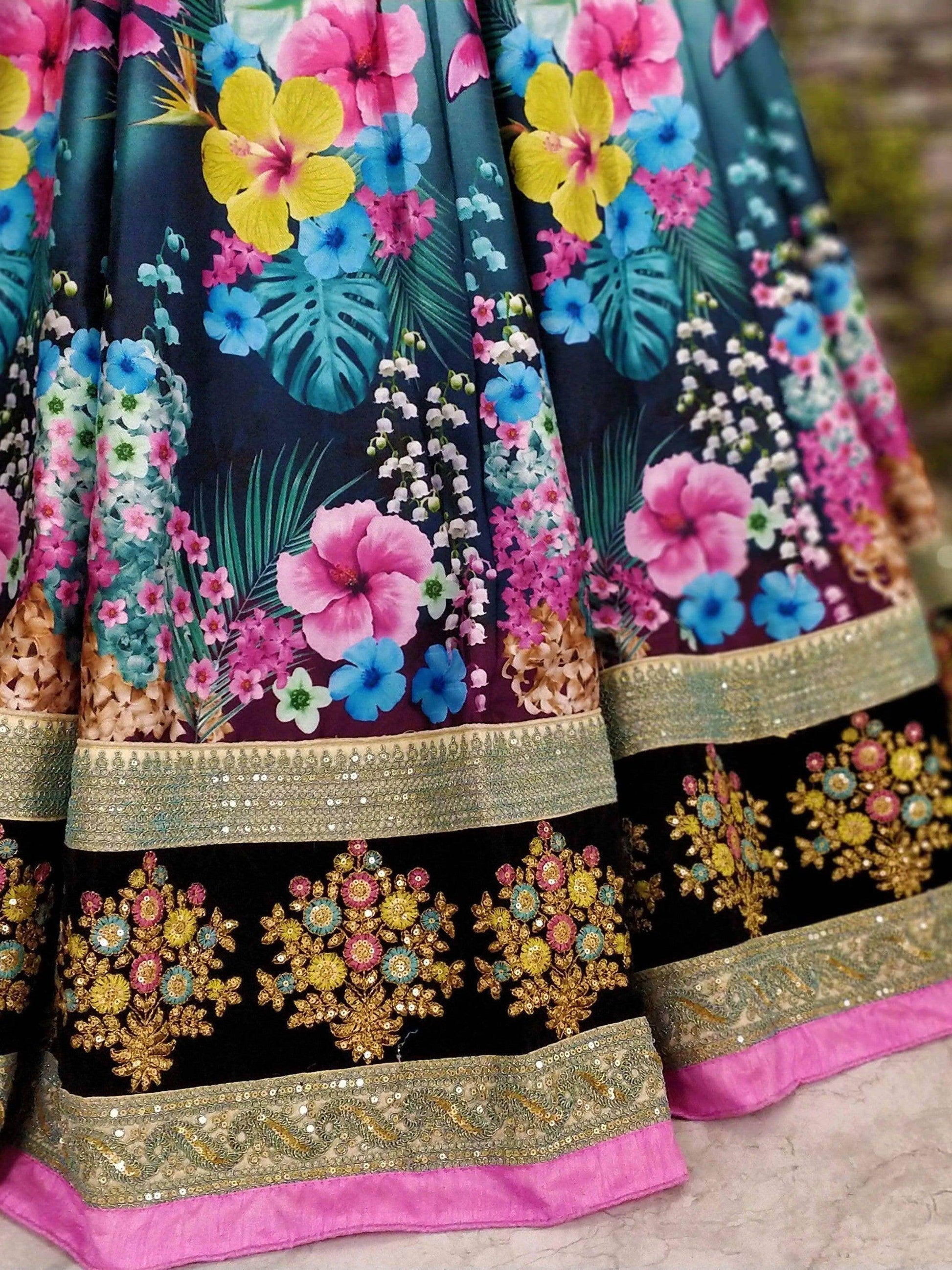Dazzling Floral Printed Multi-Color Lehenga Skirt with Velvet Blouse - Zeel Clothing