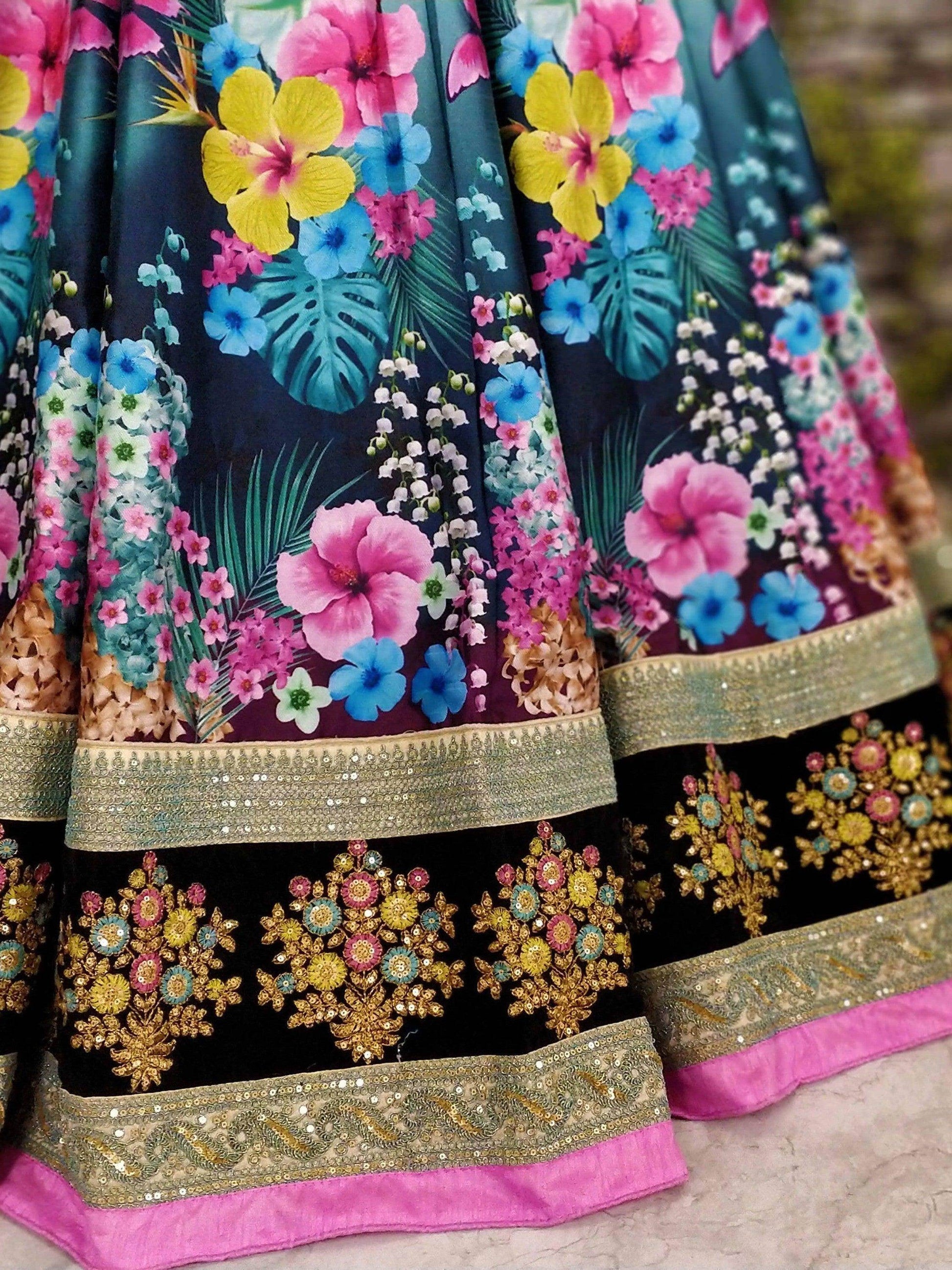 Dazzling Floral Printed Multi-Color Lehenga Skirt with Velvet Blouse - Zeel Clothing