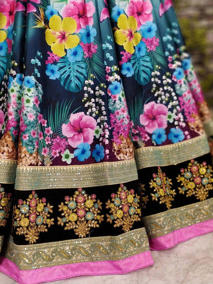Dazzling Floral Printed Multi-Color Lehenga Skirt with Velvet Blouse - Zeel Clothing