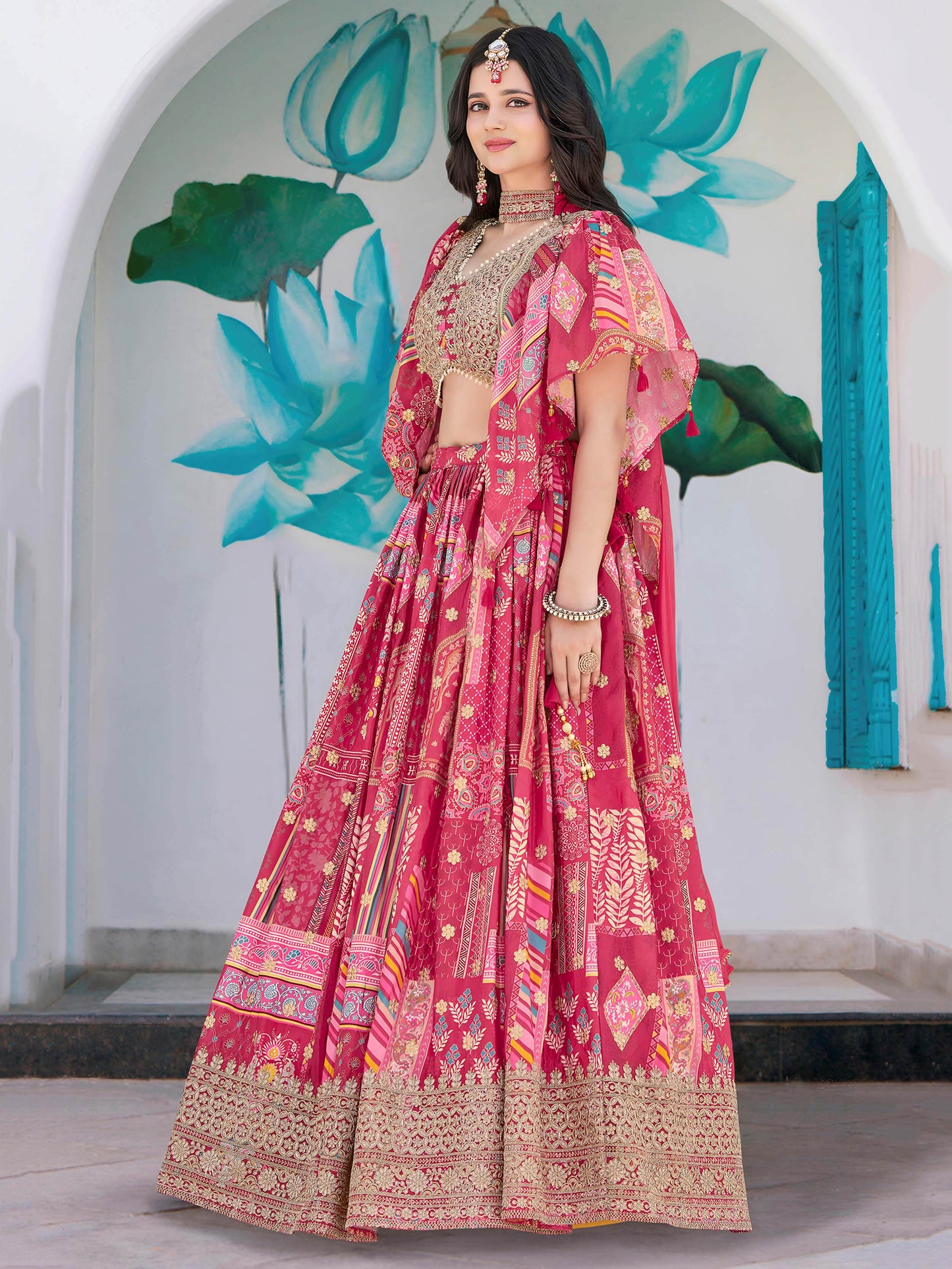 Dazzling Hot Pink Digital Printed Chinon Engagement Wear Lehenga Choli - Zeel Clothing