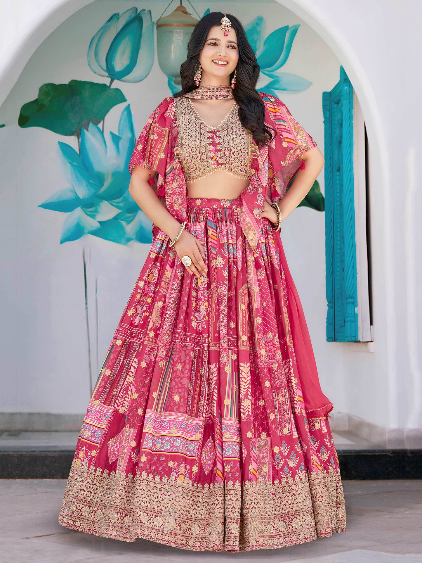 Dazzling Hot Pink Digital Printed Chinon Engagement Wear Lehenga Choli - Zeel Clothing