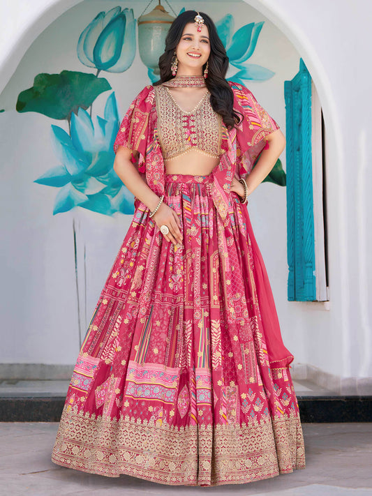 Dazzling Hot Pink Digital Printed Chinon Engagement Wear Lehenga Choli - Zeel Clothing