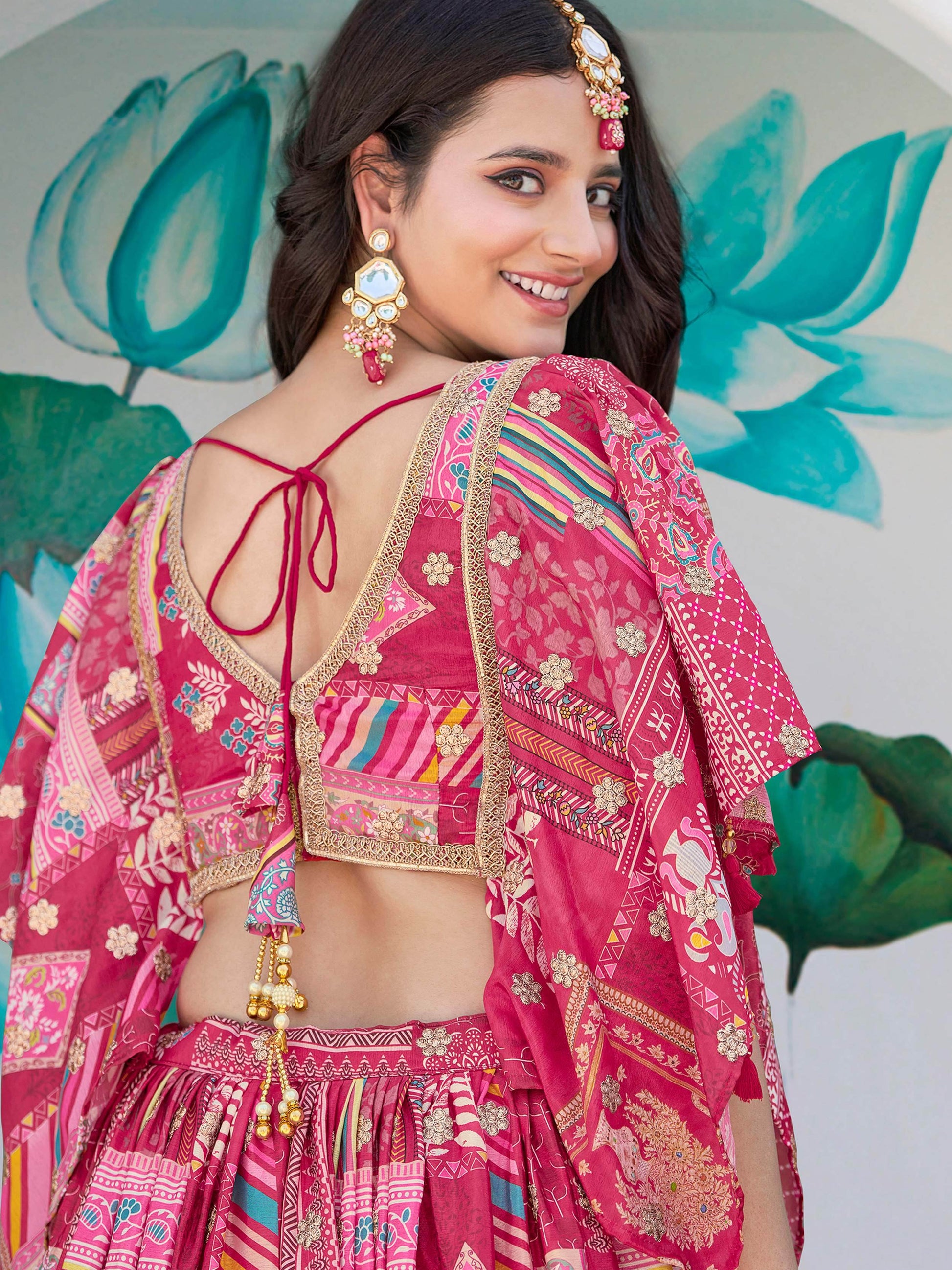 Dazzling Hot Pink Digital Printed Chinon Engagement Wear Lehenga Choli - Zeel Clothing