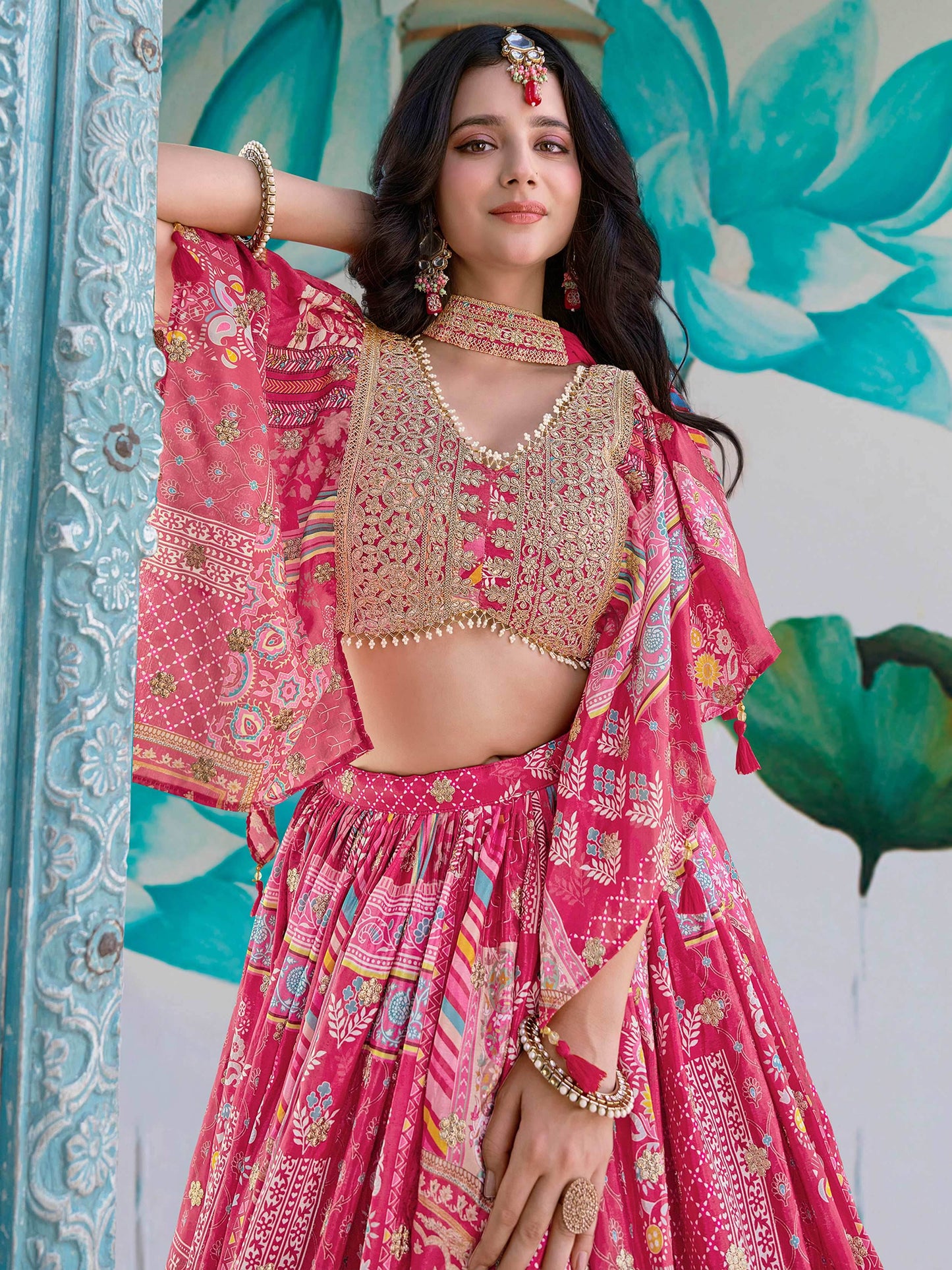 Dazzling Hot Pink Digital Printed Chinon Engagement Wear Lehenga Choli - Zeel Clothing
