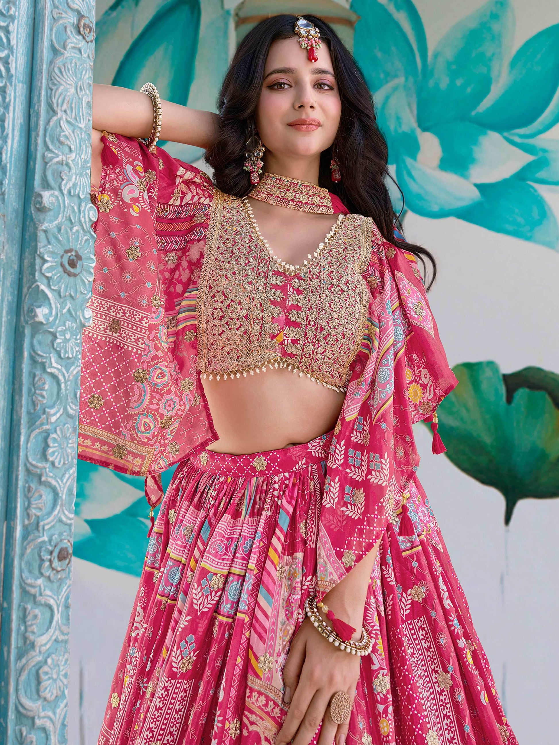 Dazzling Hot Pink Digital Printed Chinon Engagement Wear Lehenga Choli - Zeel Clothing