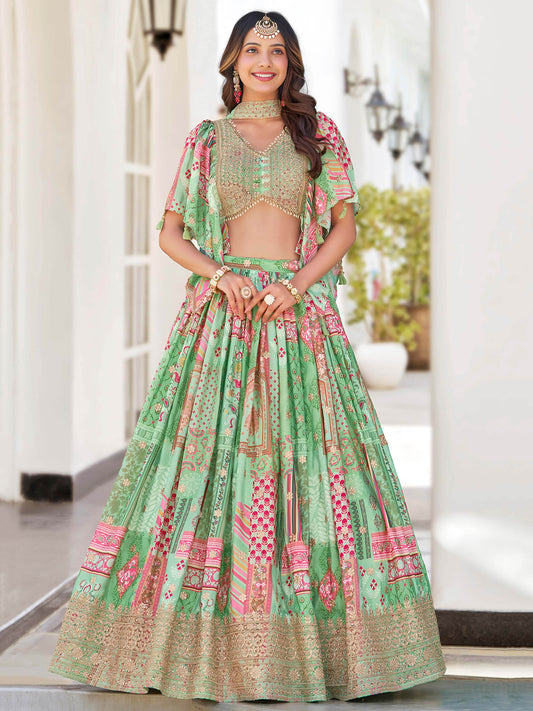Dazzling Light Green Dori Embroidery Chinon Mehendi Wear Lehenga Choli With Dupatta - Zeel Clothing