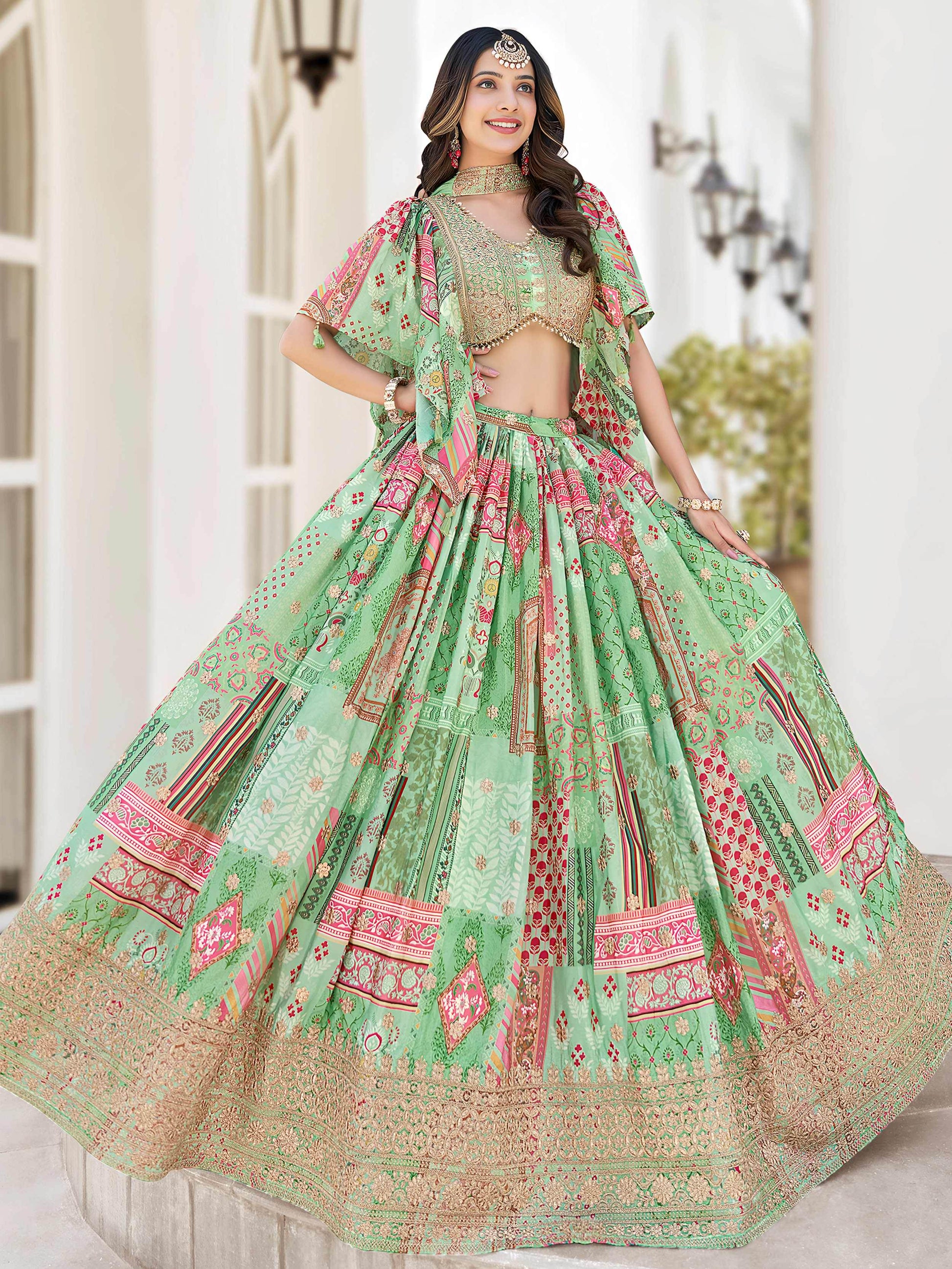 Dazzling Light Green Dori Embroidery Chinon Mehendi Wear Lehenga Choli With Dupatta - Zeel Clothing