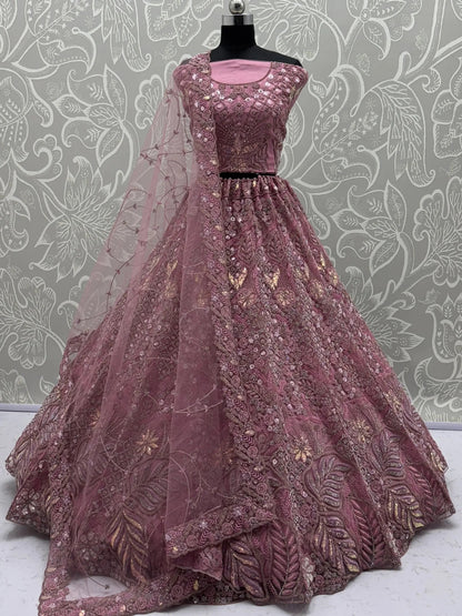 Dazzling Pink Multi Thread Embroidery Net Reception Wear Lehenga Choli - Zeel Clothing