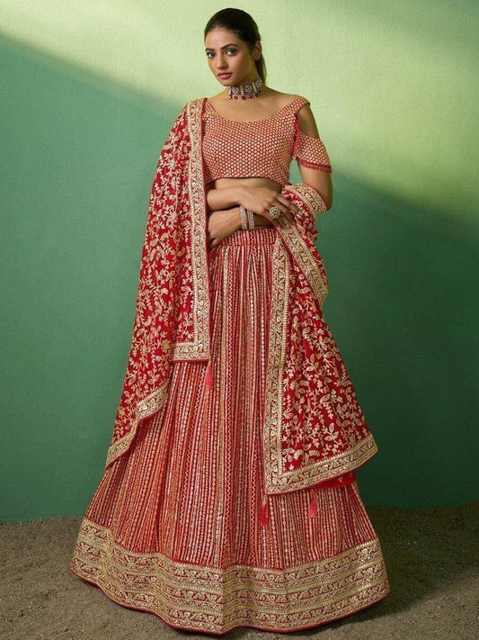 Dazzling Red Sequins Georgette Reception Wear Lehenga Choli With Dupatta - Zeel Clothing