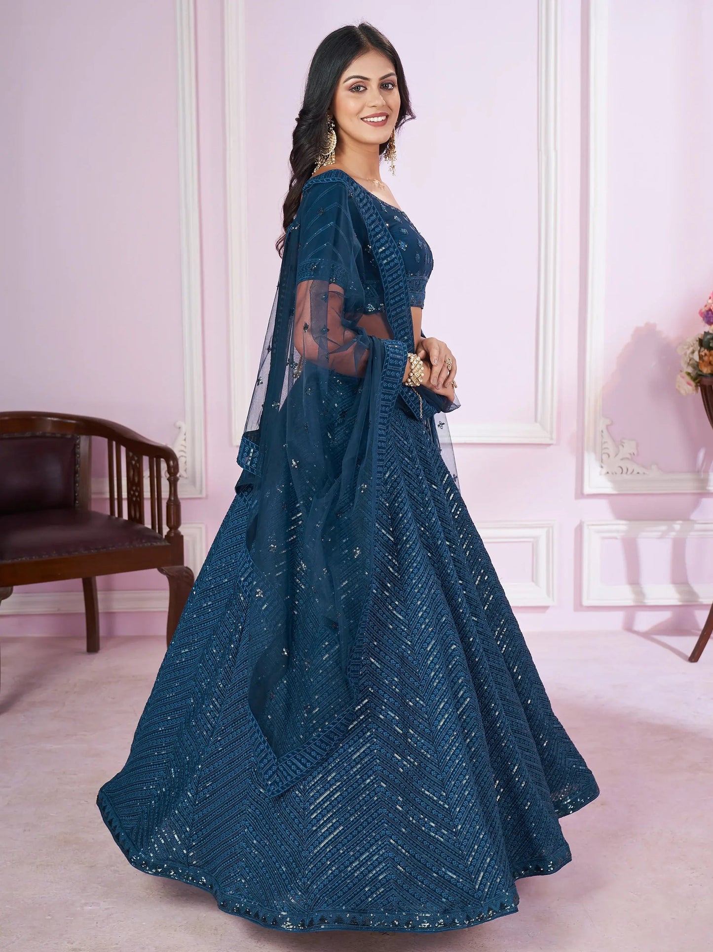 Dazzling Teal Blue Sequins Georgette Designer Lehenga Choli - Zeel Clothing