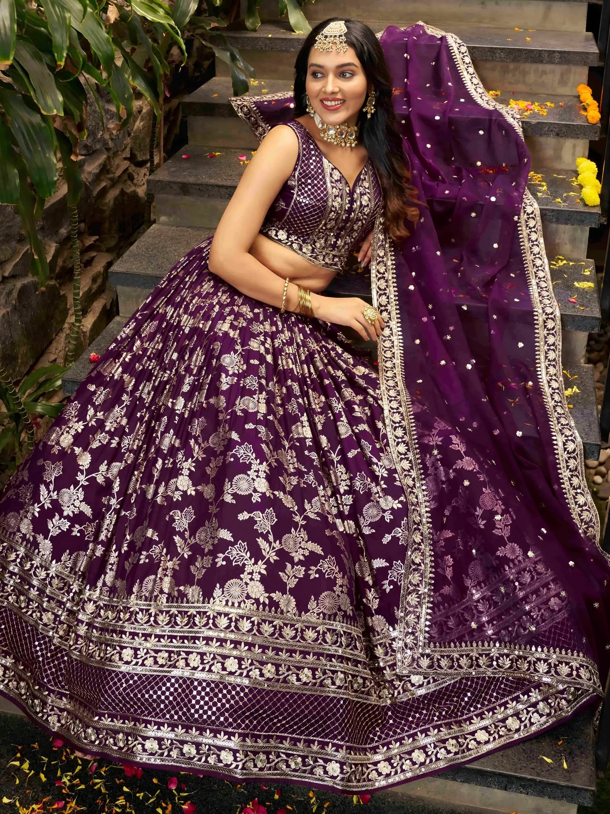 Dazzling Wine Silk Thread Embroidery Party Wear Lehenga Choli - Zeel Clothing