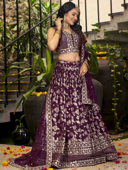 Dazzling Wine Silk Thread Embroidery Party Wear Lehenga Choli - Zeel Clothing