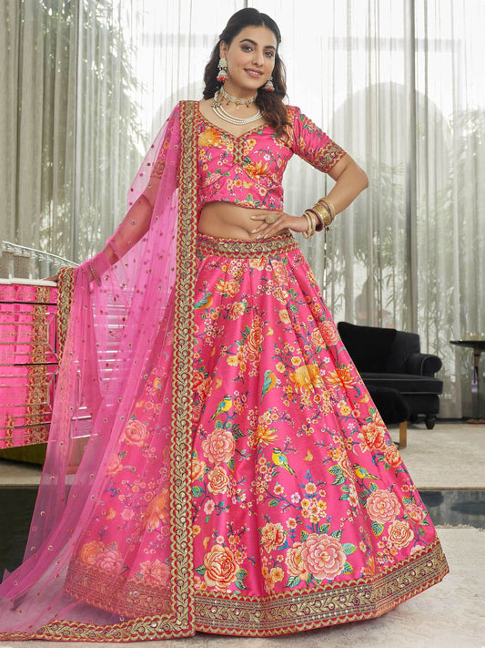 Deep Pink Floral Printed Art Silk Wedding Wear Lehenga Choli - Zeel Clothing