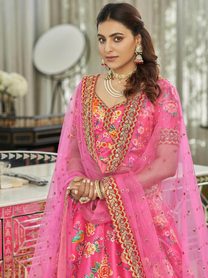 Deep Pink Floral Printed Art Silk Wedding Wear Lehenga Choli - Zeel Clothing
