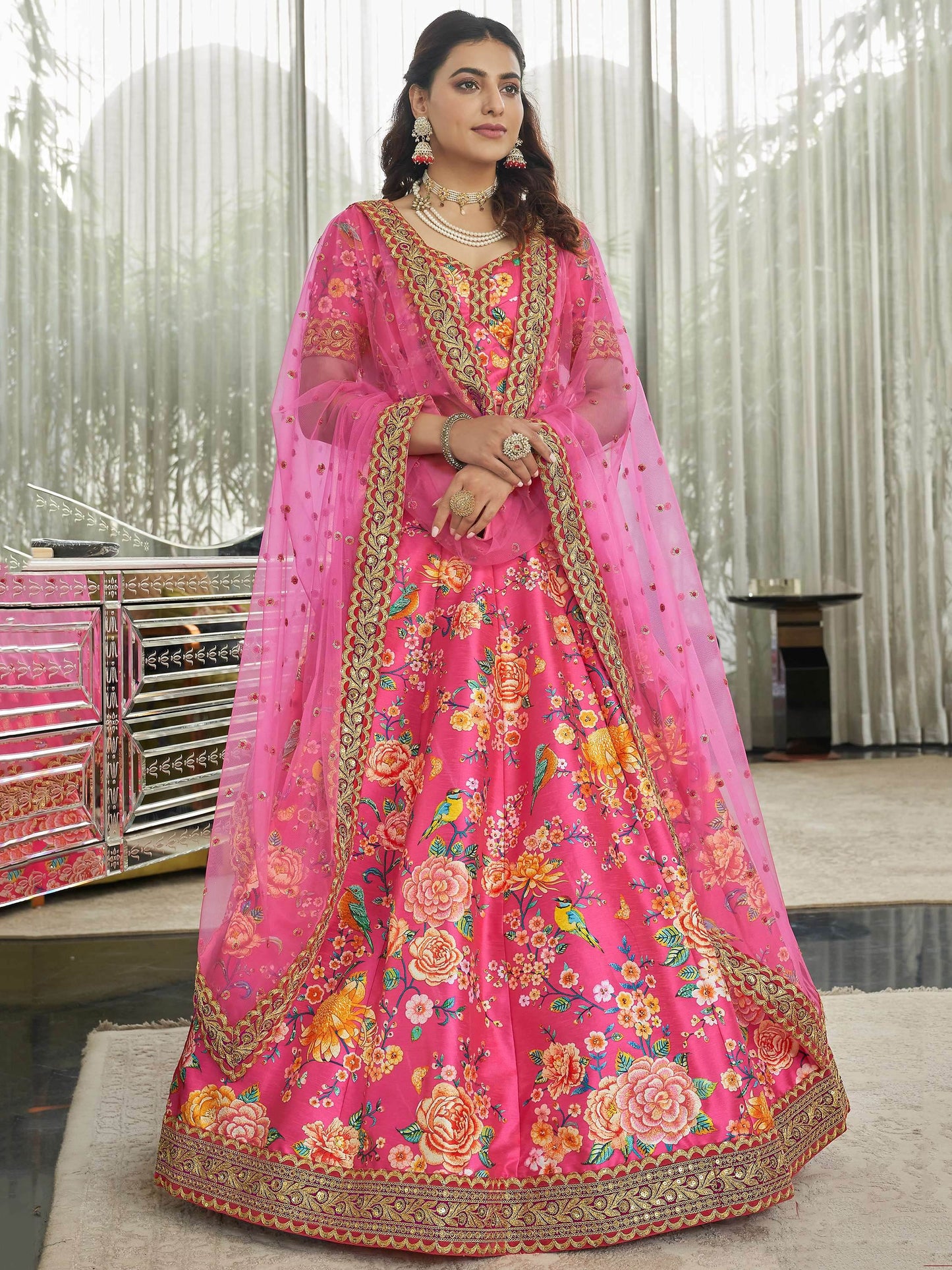 Deep Pink Floral Printed Art Silk Wedding Wear Lehenga Choli - Zeel Clothing