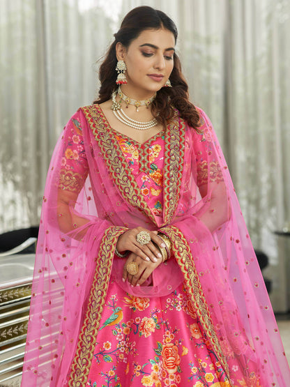 Deep Pink Floral Printed Art Silk Wedding Wear Lehenga Choli - Zeel Clothing