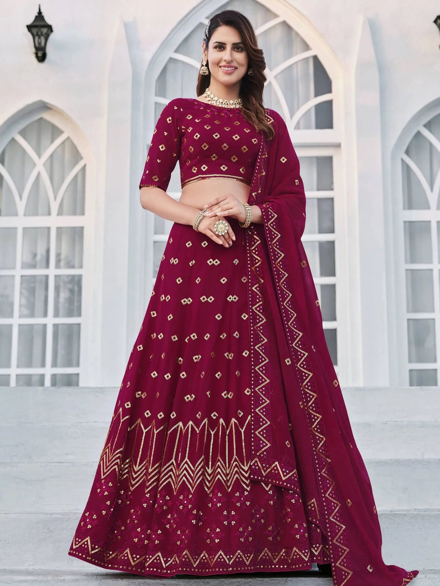 Deep Pink Sequins Georgette Wedding Wear Lehenga Choli - Zeel Clothing