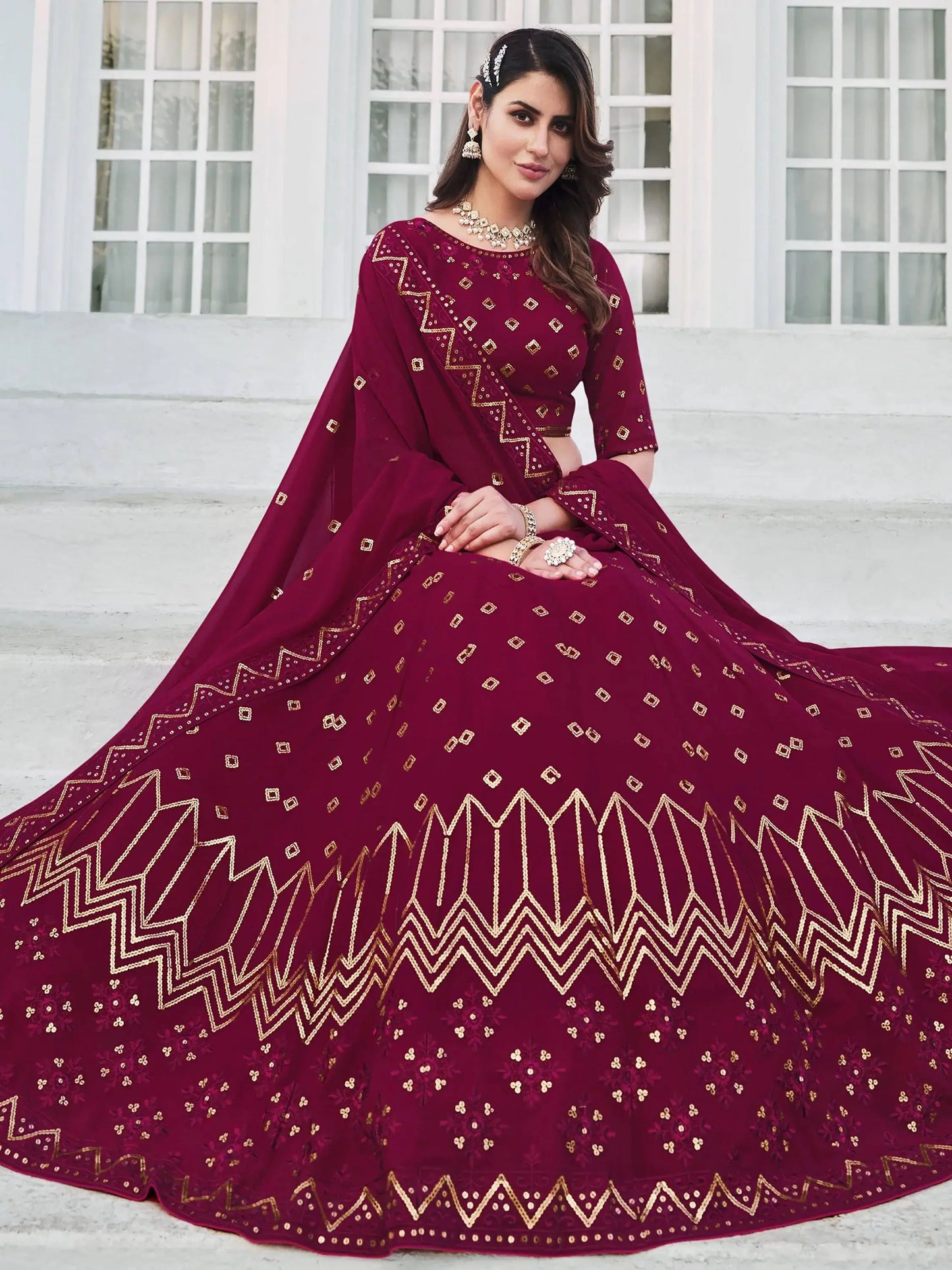 Deep Pink Sequins Georgette Wedding Wear Lehenga Choli - Zeel Clothing