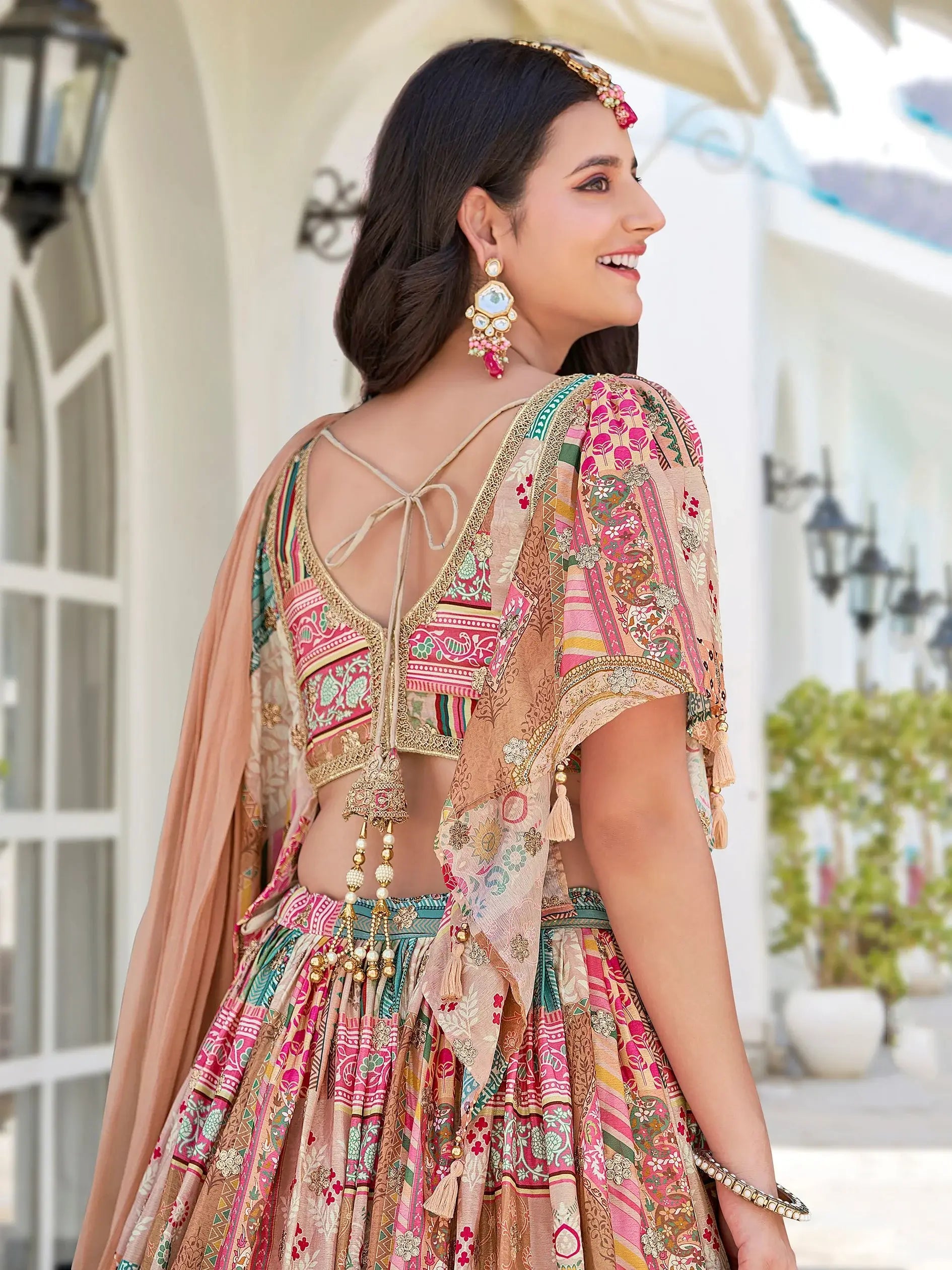 Delicate Beige Digital Printed Chinon Wedding Wear Lehenga Choli - Zeel Clothing
