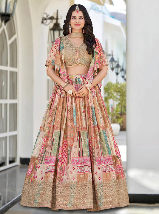 Delicate Beige Digital Printed Chinon Wedding Wear Lehenga Choli - Zeel Clothing