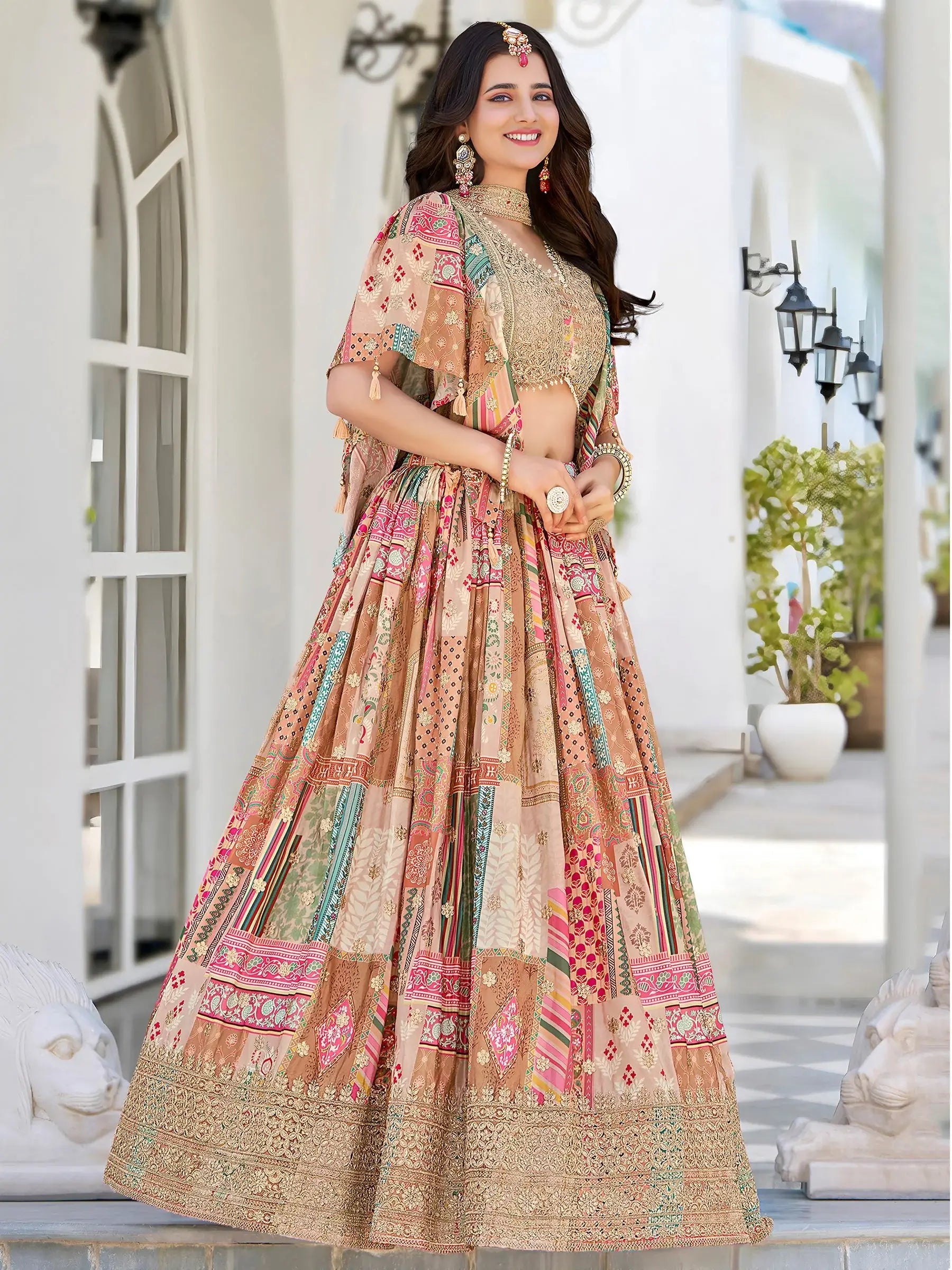 Delicate Beige Digital Printed Chinon Wedding Wear Lehenga Choli - Zeel Clothing