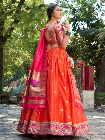 Delicate Orange Zari Weaving Paithani Silk Traditional Lehenga Choli - Zeel Clothing