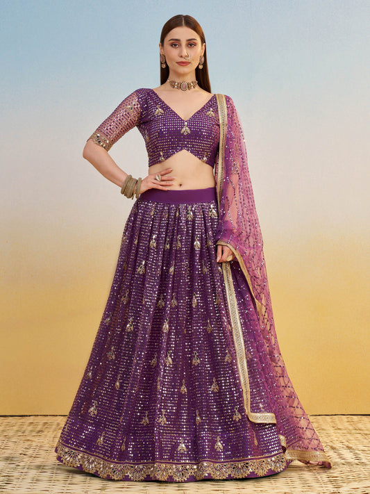 Delicate Purple Sequins Embroidered Net Lehenga Choli With Dupatta - Zeel Clothing
