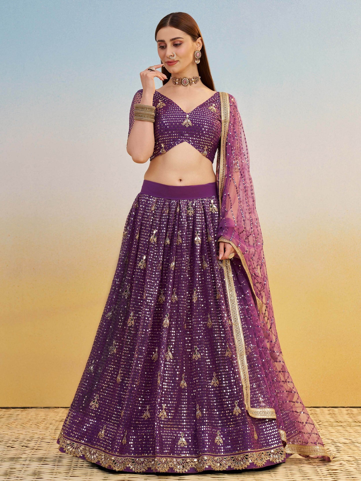 Delicate Purple Sequins Embroidered Net Lehenga Choli With Dupatta - Zeel Clothing