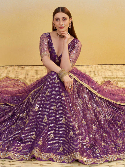 Delicate Purple Sequins Embroidered Net Lehenga Choli With Dupatta - Zeel Clothing