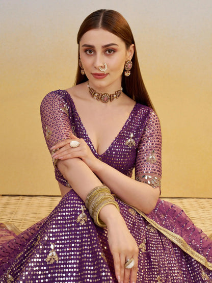 Delicate Purple Sequins Embroidered Net Lehenga Choli With Dupatta - Zeel Clothing