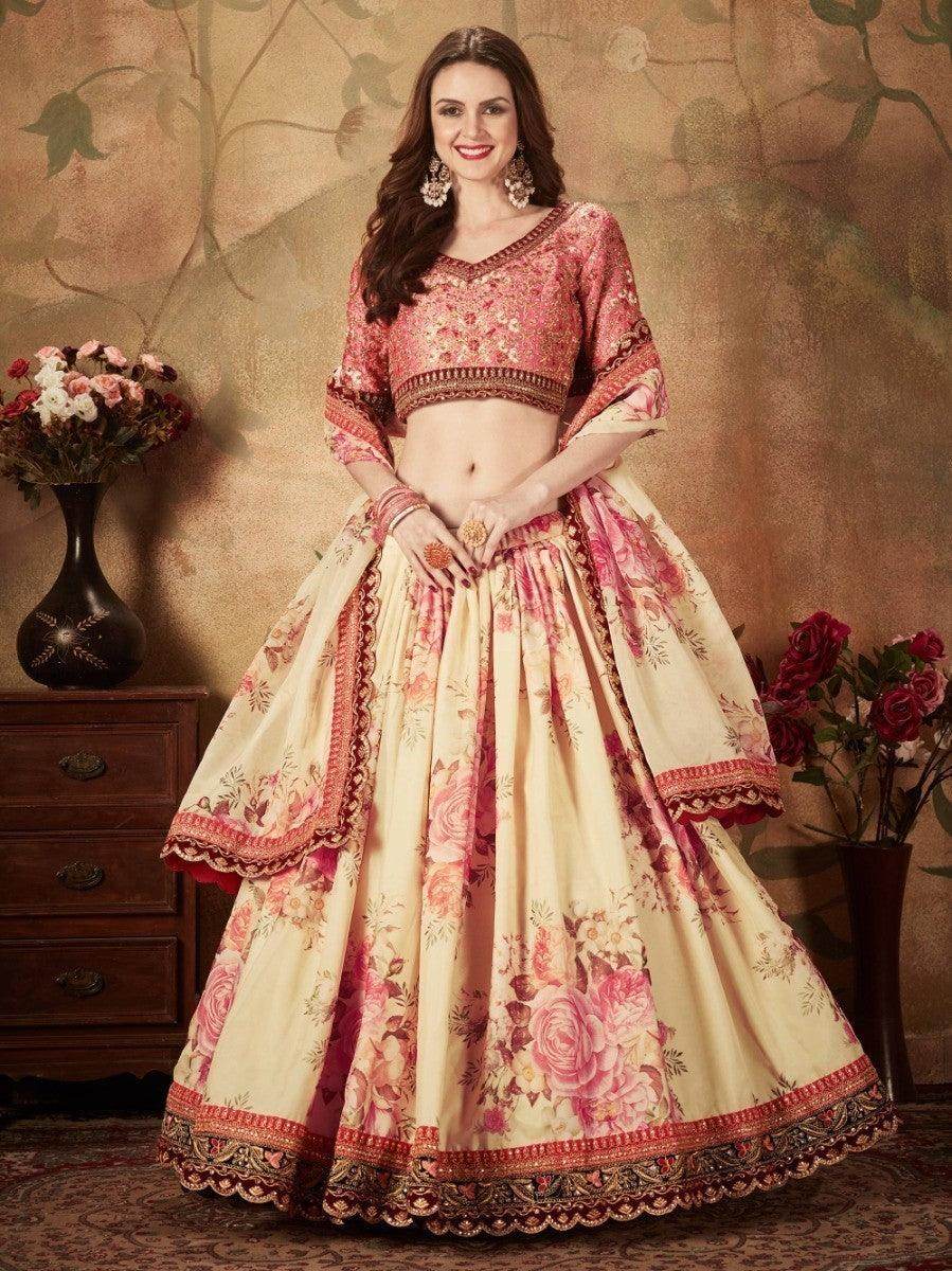 Delightful Beige-Peach Floral Print Organza Wedding Wear Lehenga Choli - Zeel Clothing