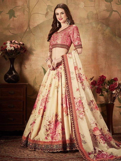 Delightful Beige-Peach Floral Print Organza Wedding Wear Lehenga Choli - Zeel Clothing