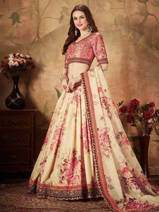 Delightful Beige-Peach Floral Print Organza Wedding Wear Lehenga Choli - Zeel Clothing