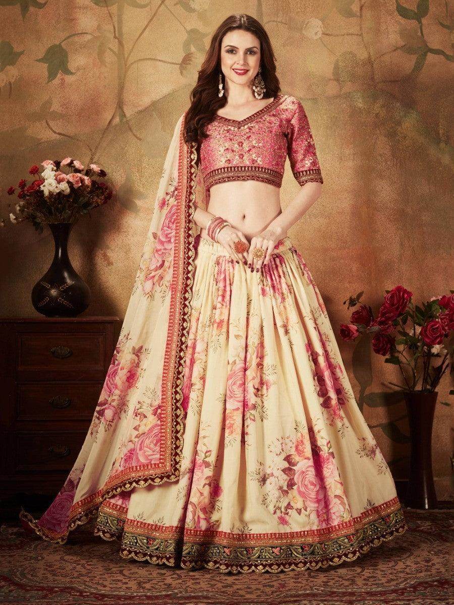 Delightful Beige-Peach Floral Print Organza Wedding Wear Lehenga Choli - Zeel Clothing