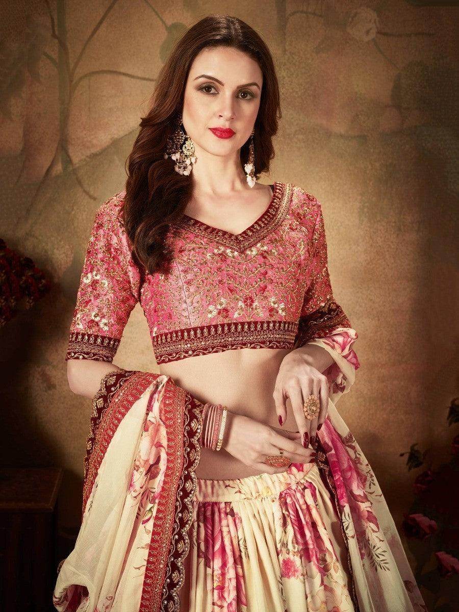 Delightful Beige-Peach Floral Print Organza Wedding Wear Lehenga Choli - Zeel Clothing