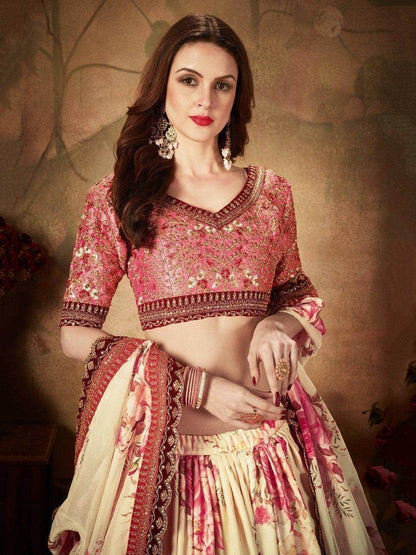 Delightful Beige-Peach Floral Print Organza Wedding Wear Lehenga Choli - Zeel Clothing