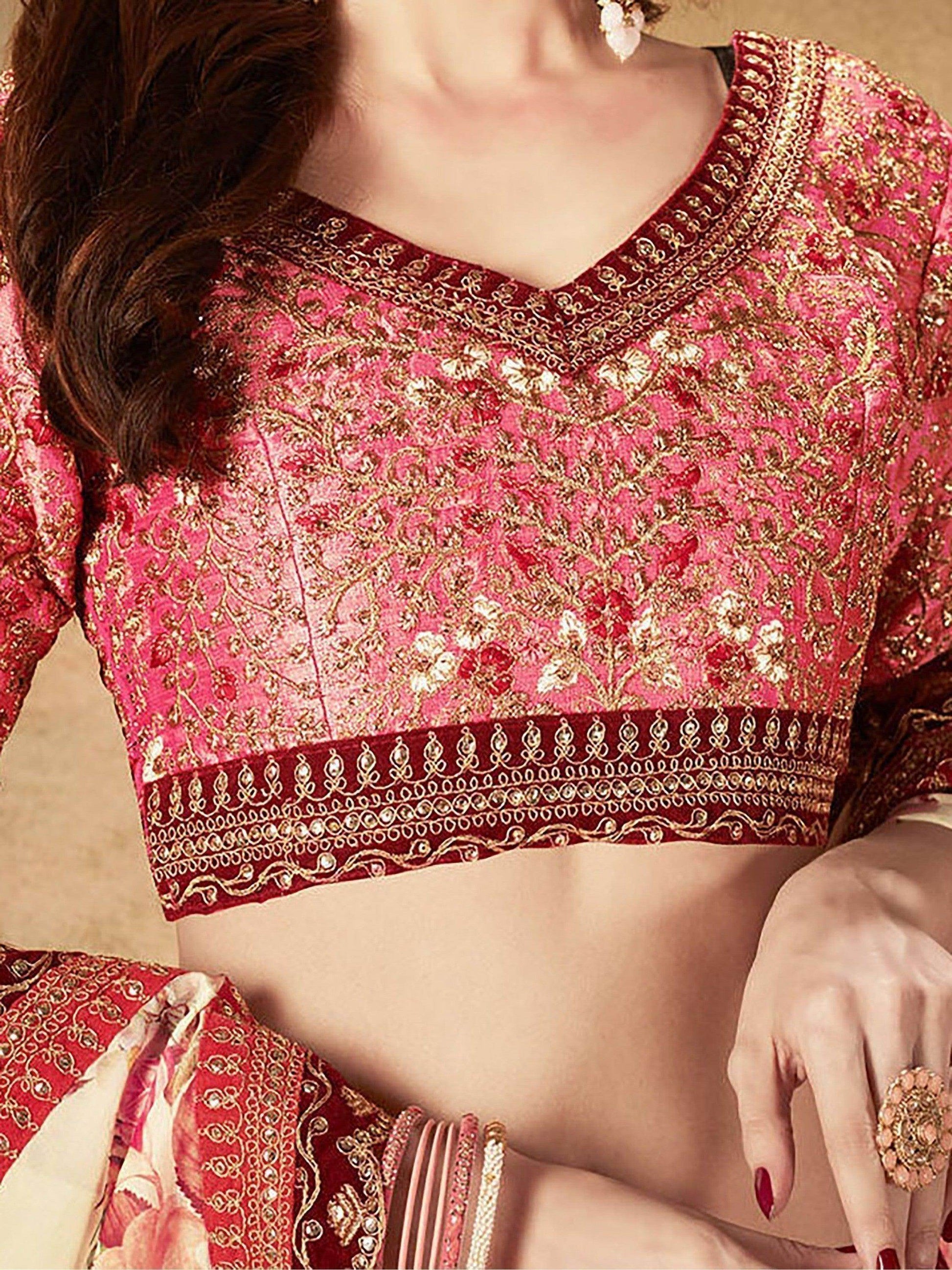 Delightful Beige-Peach Floral Print Organza Wedding Wear Lehenga Choli - Zeel Clothing