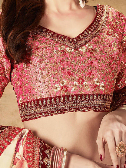 Delightful Beige-Peach Floral Print Organza Wedding Wear Lehenga Choli - Zeel Clothing