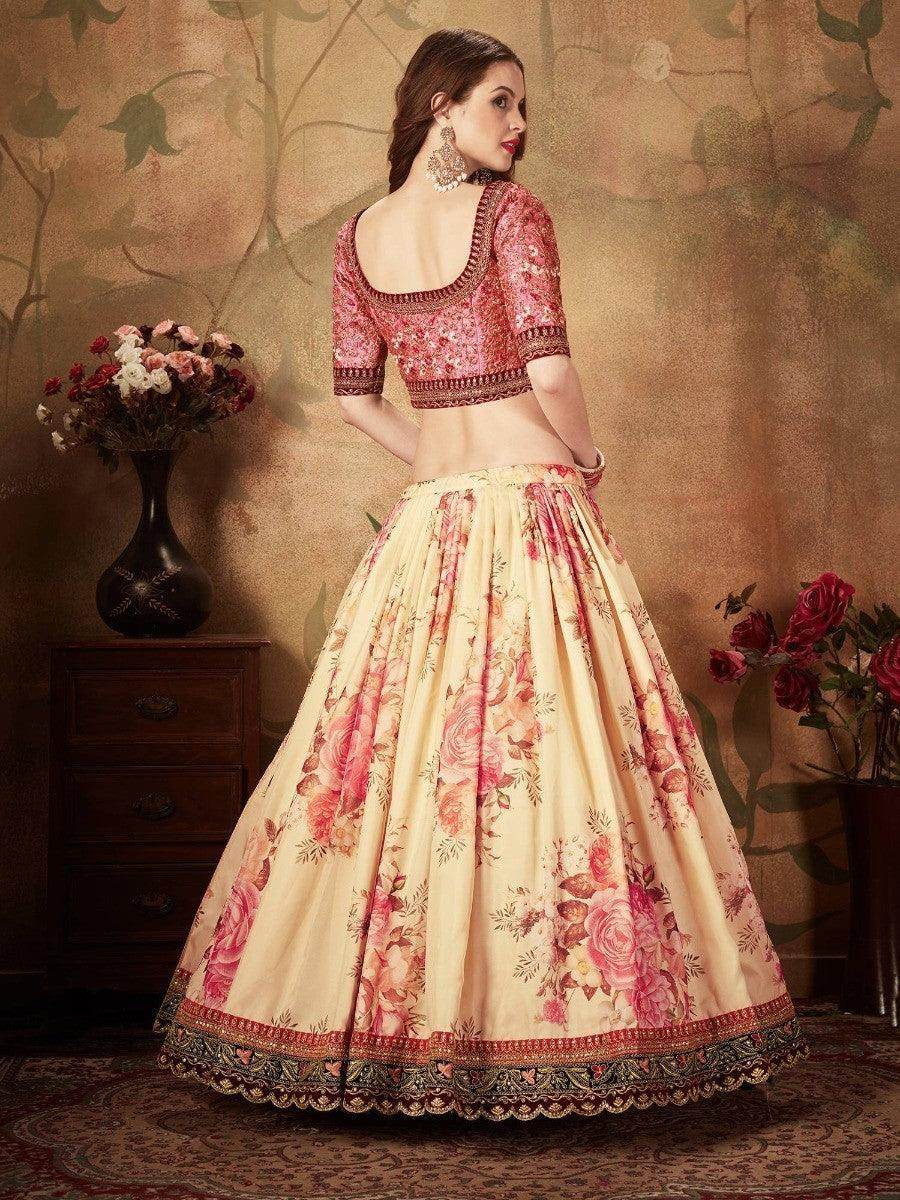 Delightful Beige-Peach Floral Print Organza Wedding Wear Lehenga Choli - Zeel Clothing