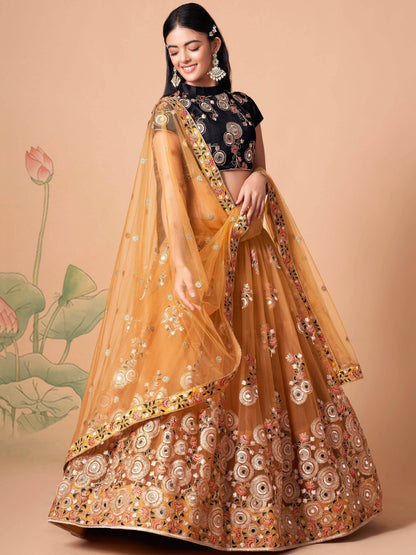 Delightful Gold Mirror Work Net Wedding Wear Lehenga Choli - Zeel Clothing
