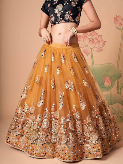 Delightful Gold Mirror Work Net Wedding Wear Lehenga Choli - Zeel Clothing