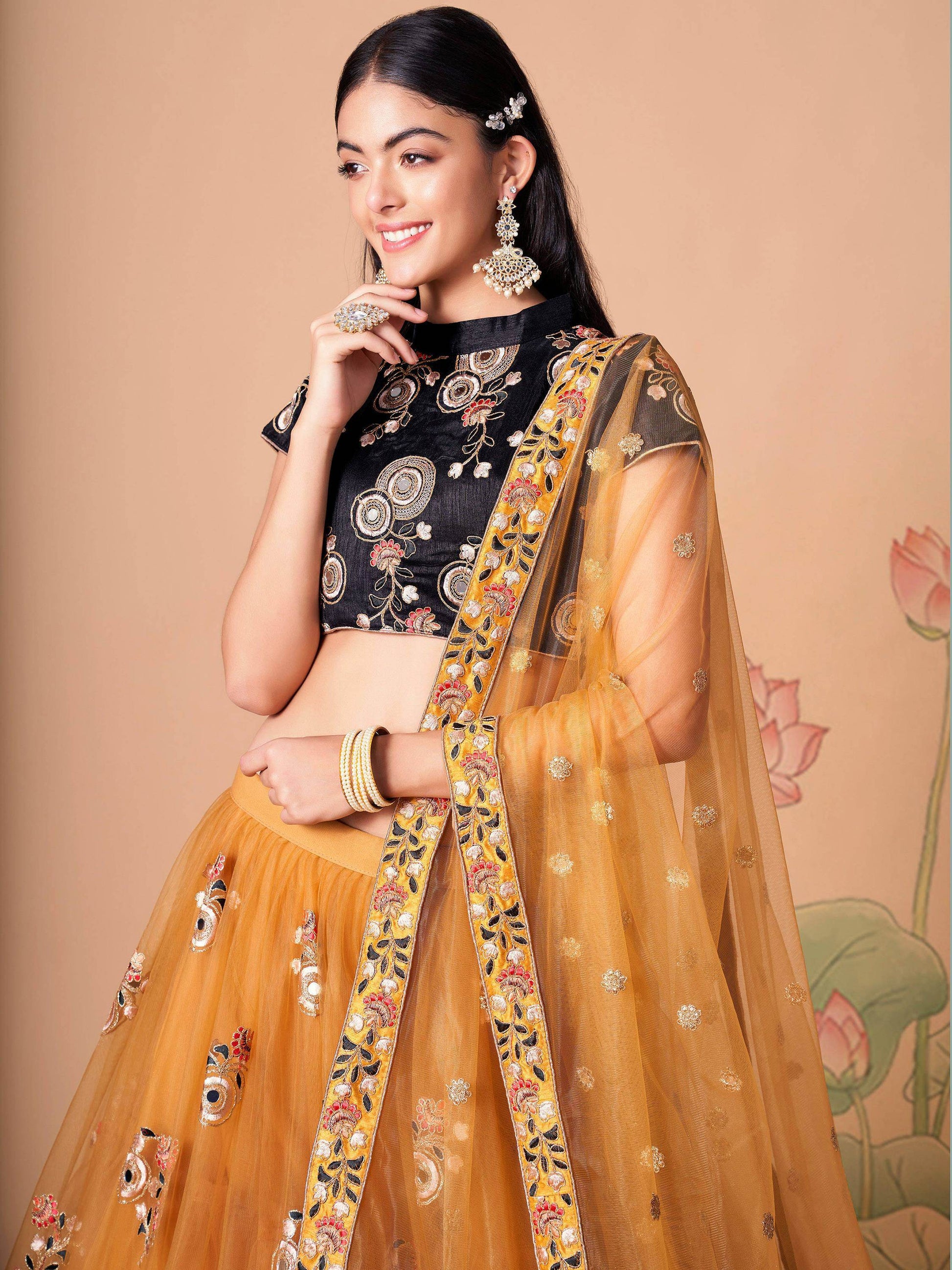 Delightful Gold Mirror Work Net Wedding Wear Lehenga Choli - Zeel Clothing